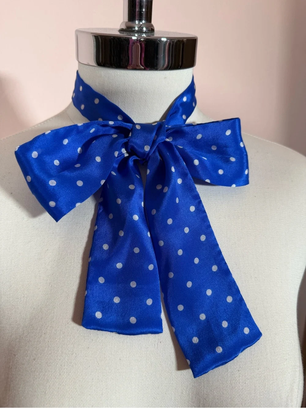 Vintage specialty House Royal blue white polka dot Silk bow neck scarf Twilly